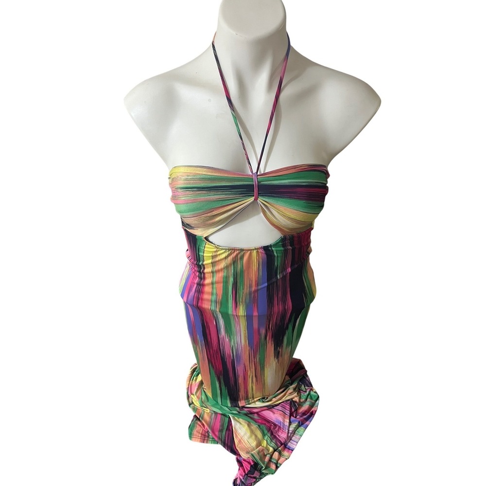 CM Multi Color Abstract Brushstroke Halter Cutout‎ Maxi Dress Small